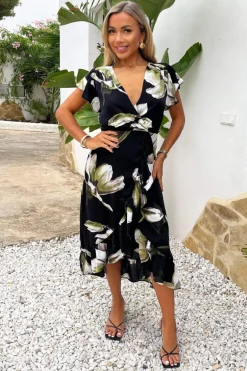 Black And White Floral Print Frill Hem Wrap Midi Dress