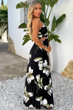 Black And White Floral Print One Shoulder Cut Out Pleated Midi Dress