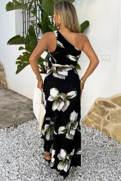 Black And White Floral Print One Shoulder Cut Out Pleated Midi Dress