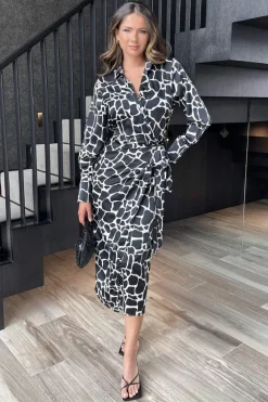 Black And White Giraffe Print Side Tie Waist Wrap Midi Dress