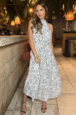 Black And White Halterneck Tie Waist Midi Dress