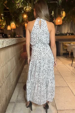 Black And White Halterneck Tie Waist Midi Dress