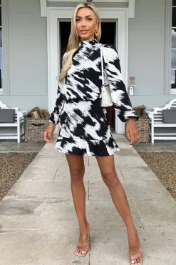 Black and White High Neck Long Sleeve Skater Dress