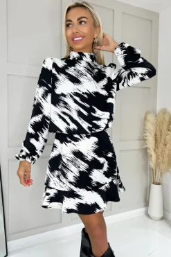 Black and White High Neck Long Sleeve Skater Dress