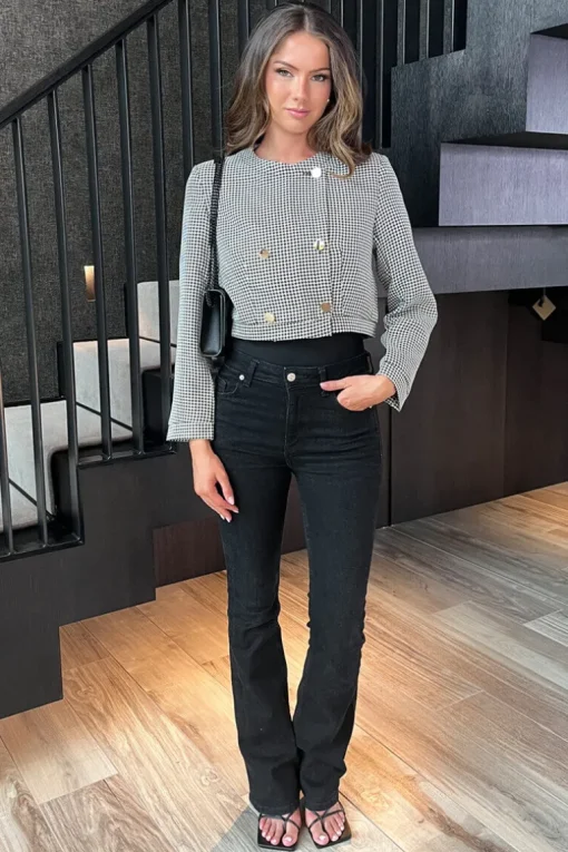 Black And White Houndstooth Double Breasted Cropped Jacket