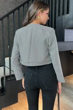 Black And White Houndstooth Double Breasted Cropped Jacket