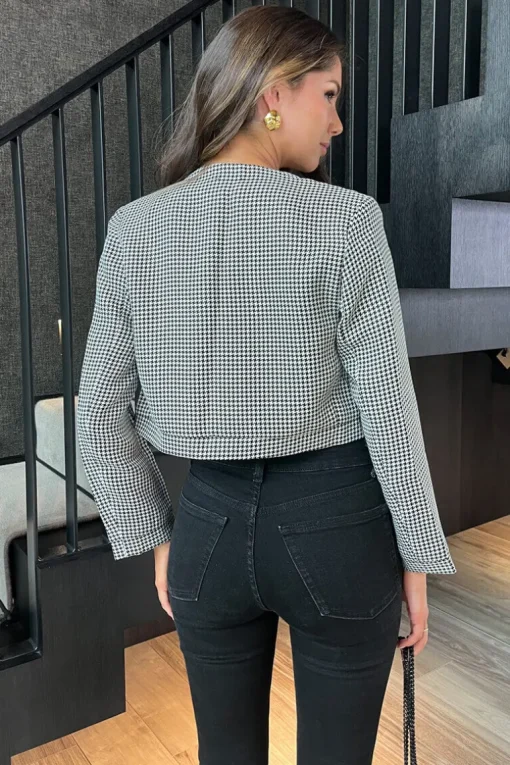 Black And White Houndstooth Double Breasted Cropped Jacket