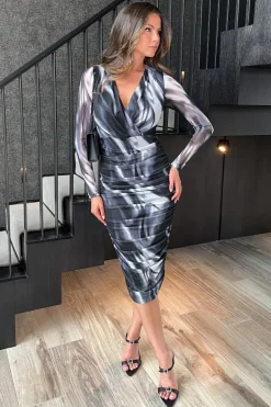 Black And White Marble Print Wrap Long Sleeve Ruched Mesh Midi Dress