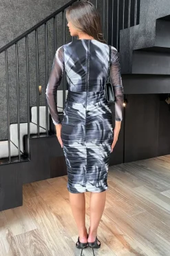 Black And White Marble Print Wrap Long Sleeve Ruched Mesh Midi Dress