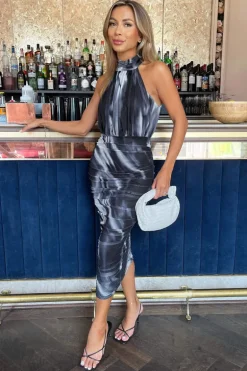 Black And White Marble Print Halter Neck Ruched Mesh Midi Dress