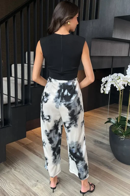 Black And White Marble Print 2 In 1 Belted Jumpsuit