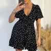 Black And White Polka Dot Print Wrap Top Frill Hem Dress