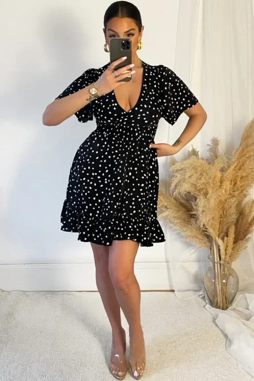 Black And White Polka Dot Print Wrap Top Frill Hem Dress