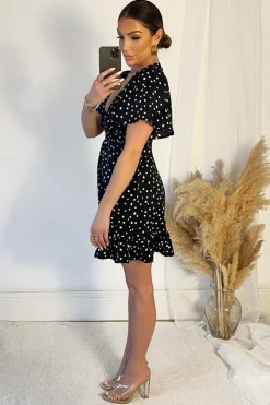 Black And White Polka Dot Print Wrap Top Frill Hem Dress