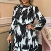 Black And White Printed Long Sleeve Pleated Shoulder Mini Dress