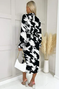 Black And White Printed Shirred Detail Midi Dress