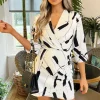 Black And White Printed Wrap Top Mini Dress