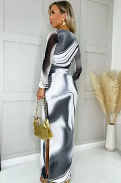 Black and White Wave Print Mesh Long Sleeve Bodycon Midi Dress