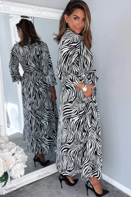 Black And White Zebra Print Midi Shirt Dress