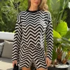 Black And White Zig Zag Long Sleeve Crochet Top