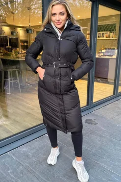 Black Belted Long Puffer Coat