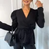 Black Belted Wrap Long Sleeve Top