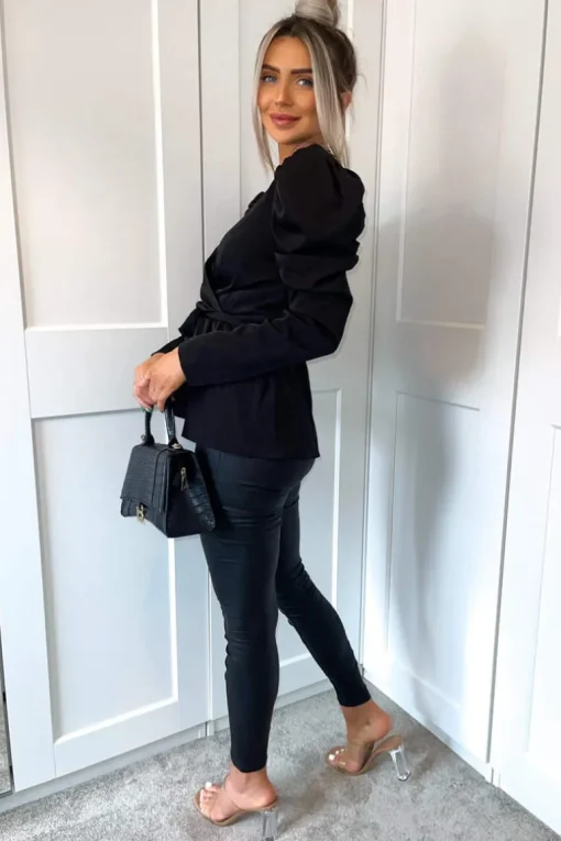 Black Belted Wrap Long Sleeve Top