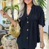 Black Button Up Ruched Detail Smock V-Neck Top