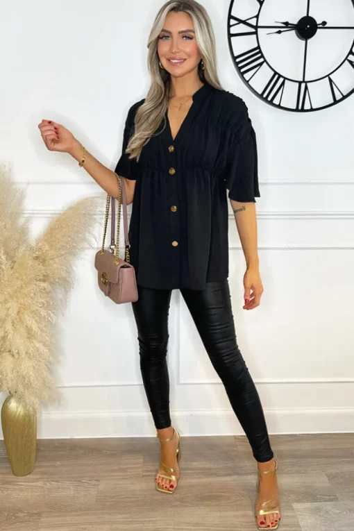 Black Button Up Ruched Detail Smock V-Neck Top