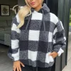 Black Check Drawstring Teddy Hoodie