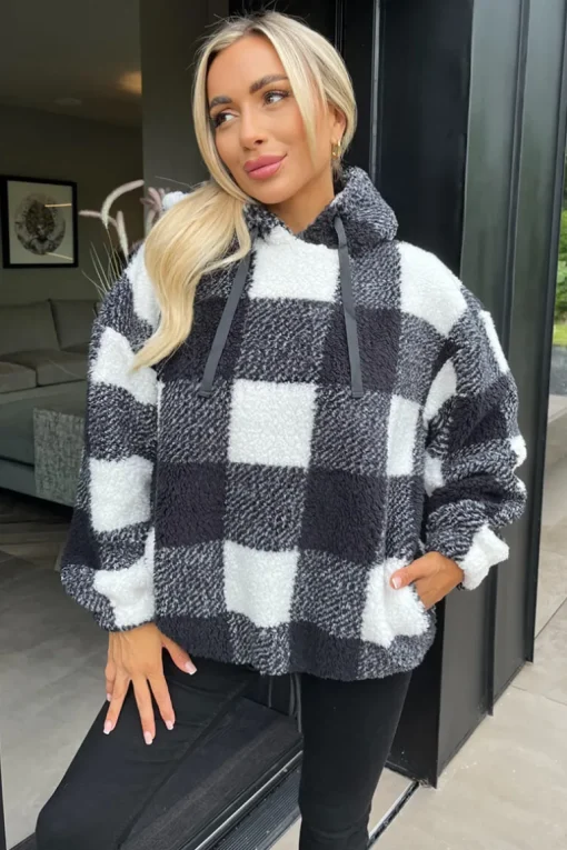 Black Check Drawstring Teddy Hoodie