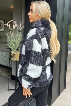 Black Check Drawstring Teddy Hoodie