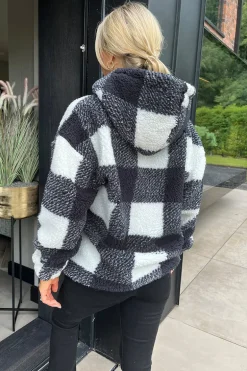 Black Check Drawstring Teddy Hoodie