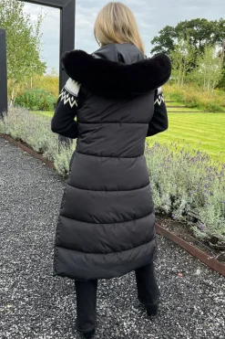 Black Faux Fur Hooded Longline Padded Gilet