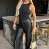 Black Faux Leather Wide Leg Trousers