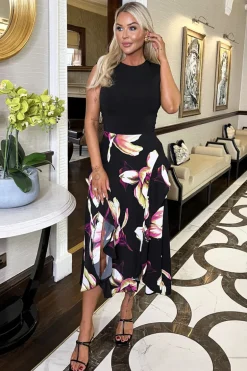 Black Floral Print 2 In 1 Double Frill Split Midi Dress