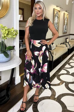 Black Floral Print 2 In 1 Double Frill Split Midi Dress