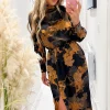 Black Floral Print High Neck Long Sleeve Midi Dress