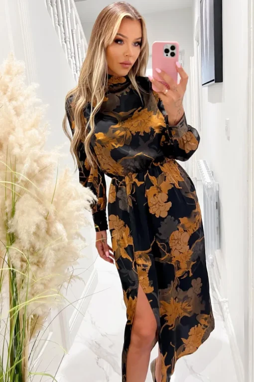 Black Floral Print High Neck Long Sleeve Midi Dress