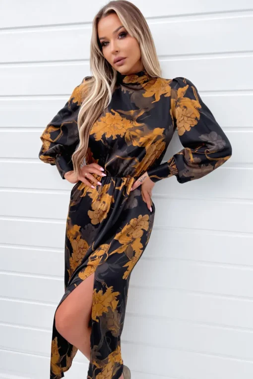 Black Floral Print High Neck Long Sleeve Midi Dress