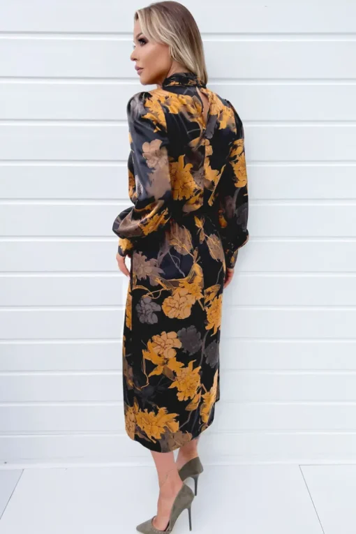 Black Floral Print High Neck Long Sleeve Midi Dress