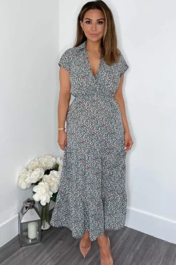 Black Floral Print Short Sleeved V-Neck Midi Smock Dress