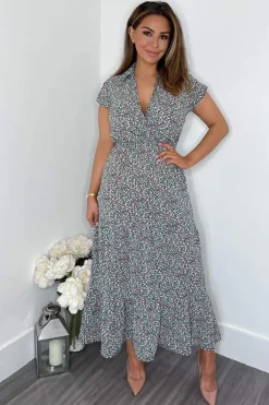 Black Floral Print Short Sleeved V-Neck Midi Smock Dress