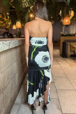Black Floral Printed Strapless Ruched Midi Dress