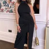 Black Halter Neck Knot Skirt Midi Dress