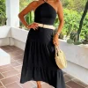 Black Halterneck Straw Belt Tiered Midi Dress