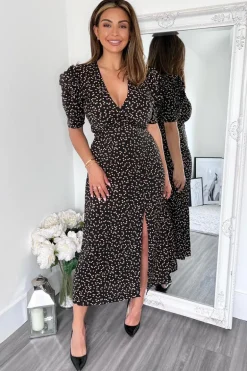 Black Heart Printed Pleated Sleeve Midi Dress