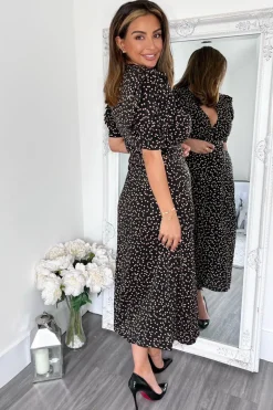 Black Heart Printed Pleated Sleeve Midi Dress