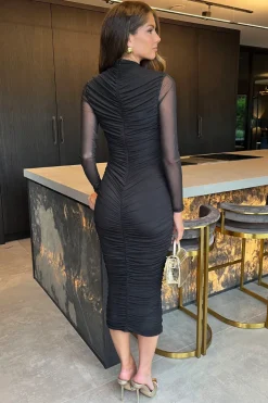 Black High Neck Long Sleeve Ruched Bodycon Mesh Midi Dress