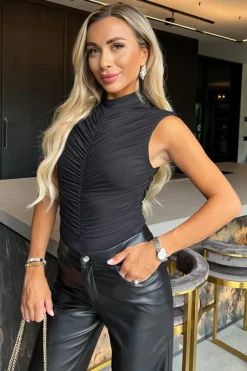 Black High Neck Sleeveless Ruched Mesh Bodysuit